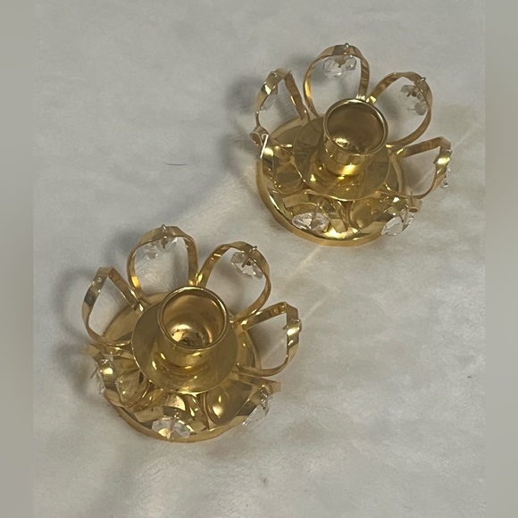 Vintage Gold Candle Votives Flower Shaped with dangling crystals, in good shape - Picture 2 of 6